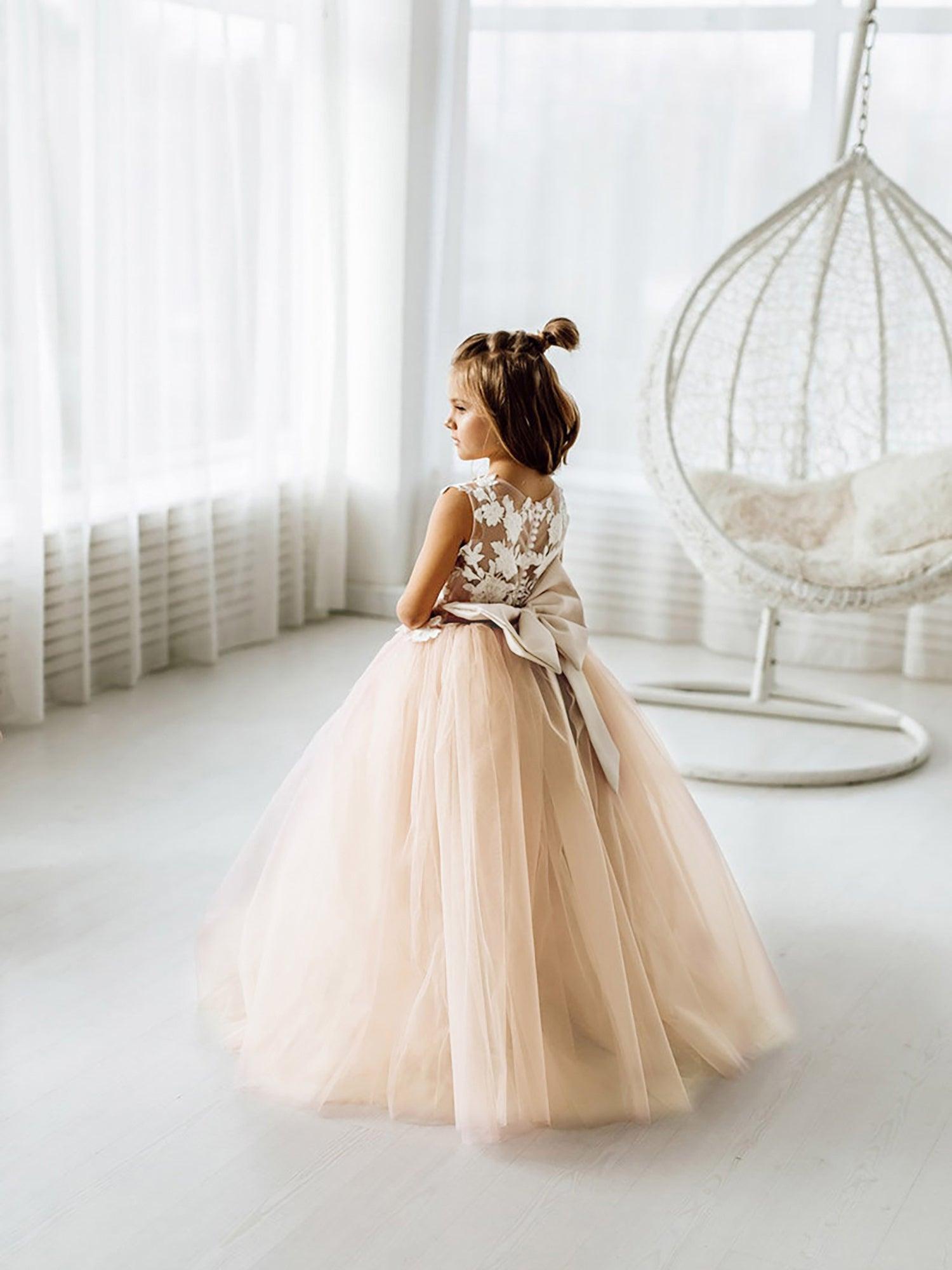 Floor Length Tulle Lace Sleeveless Flower Girl Ball Gown Dress With Bow