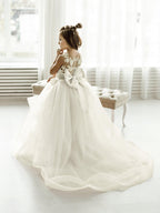 Floor Length Tulle Lace Sleeveless Flower Girl Ball Gown Dress With Bow