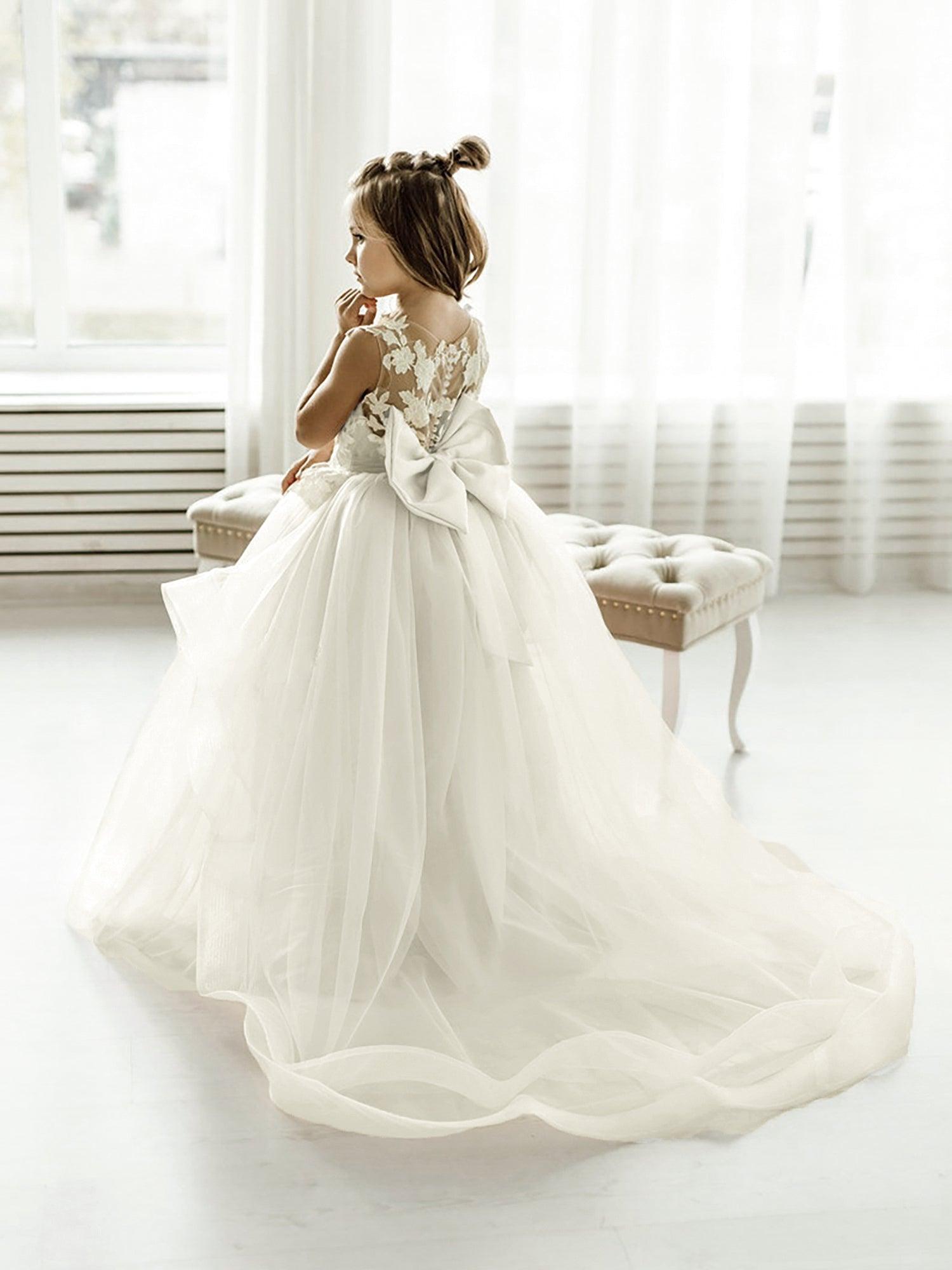 Floor Length Tulle Lace Sleeveless Flower Girl Ball Gown Dress With Bow