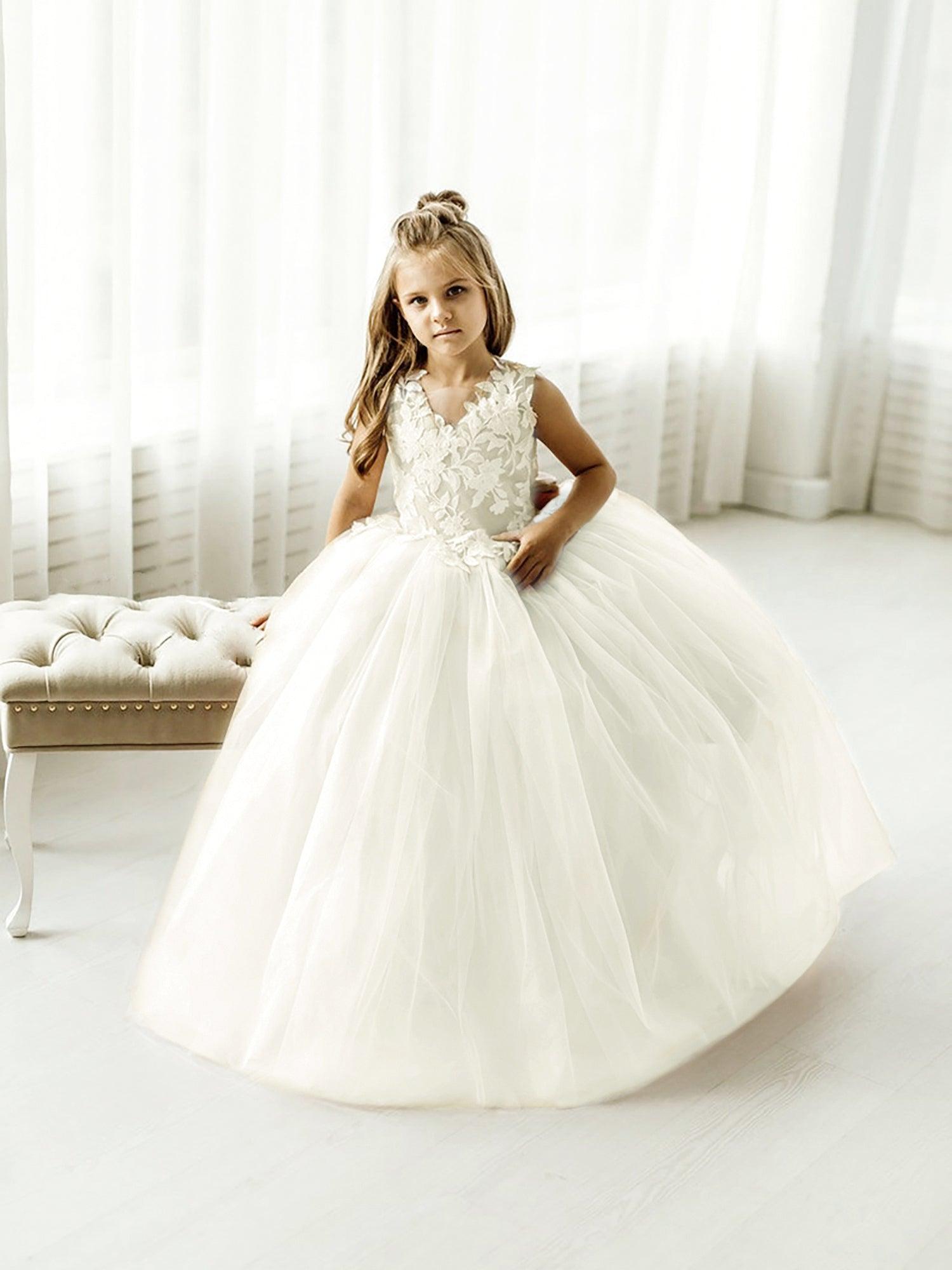 Floor Length Tulle Lace Sleeveless Flower Girl Ball Gown Dress With Bow