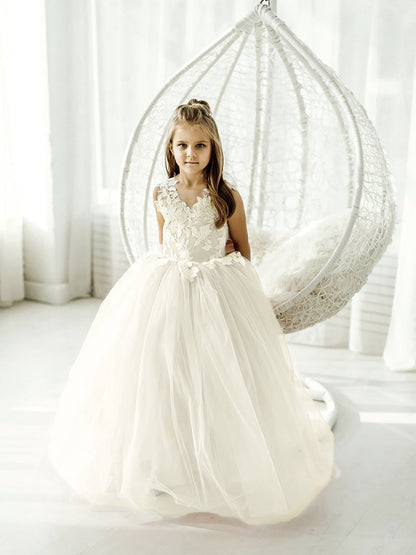 Long Ball Gown Tulle Lace Sleeveless Flower Girl Dress with Bow