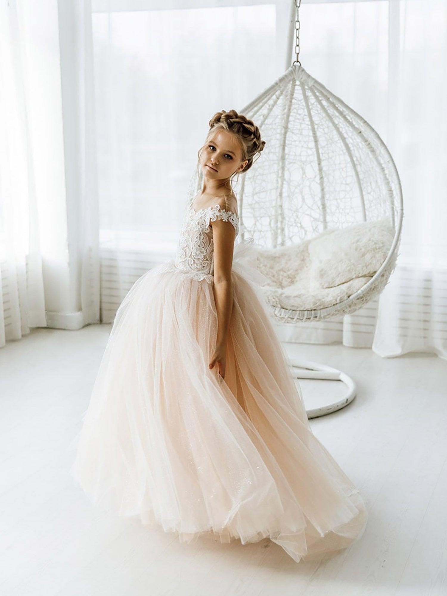 Long Ball Gown Tulle Flower Girl Dress Open Back Formal Bow