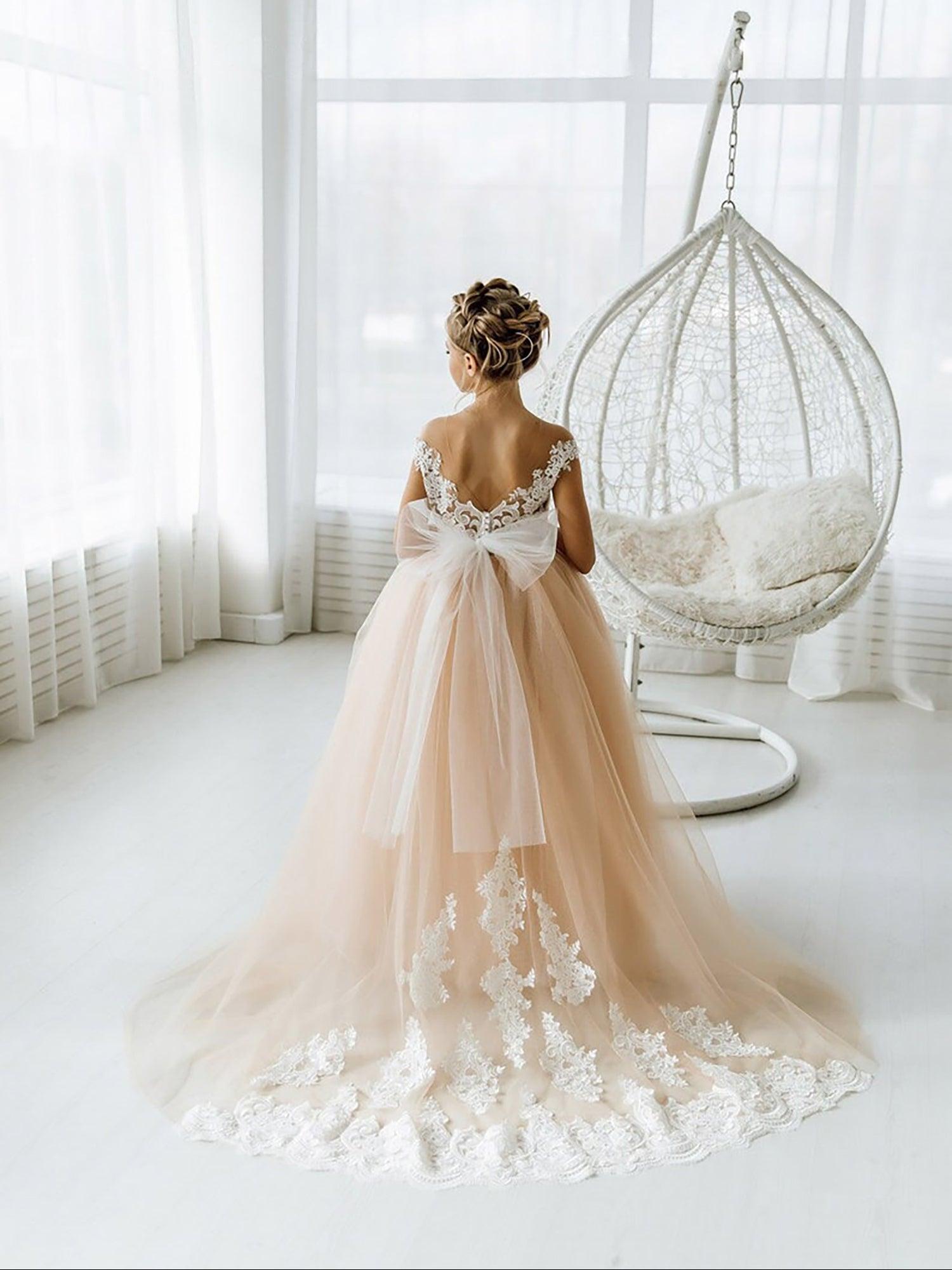 Long Ball Gown Tulle Flower Girl Dress Open Back Formal Bow