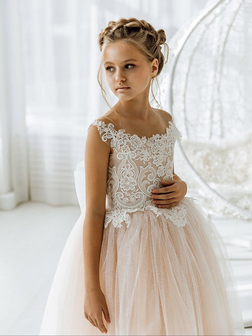 Long Ball Gown Tulle Flower Girl Dress Open Back Formal Bow