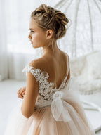 Long Ball Gown Tulle Flower Girl Dress Open Back Formal Bow