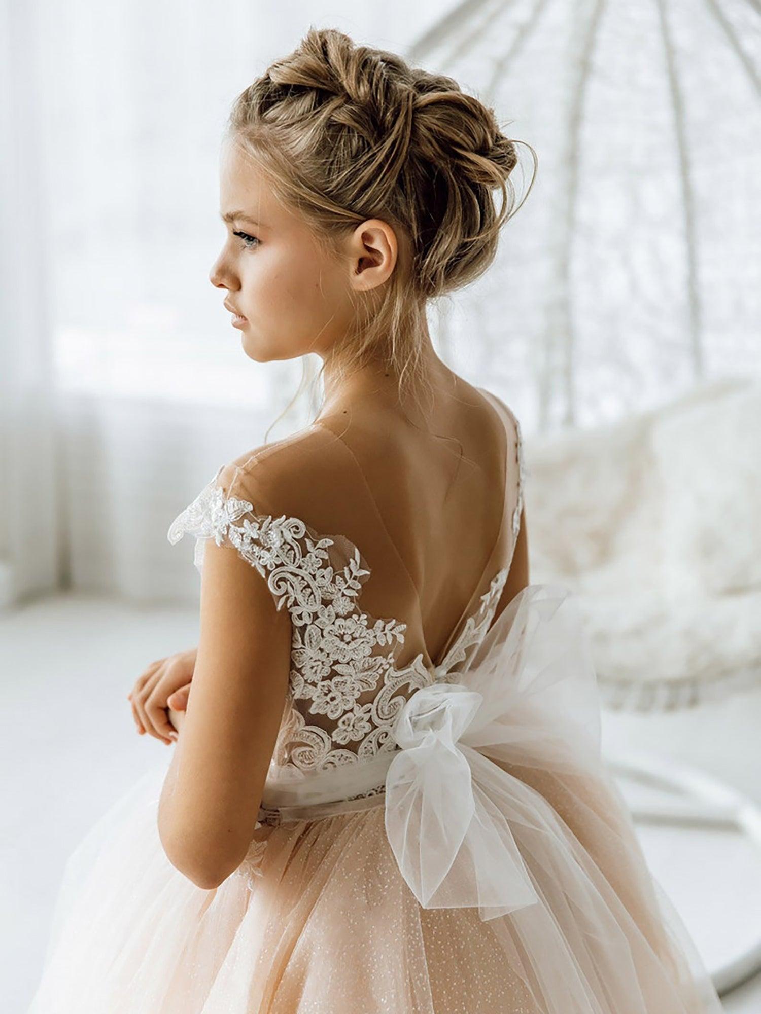 Long Ball Gown Tulle Flower Girl Dress Open Back Formal Bow