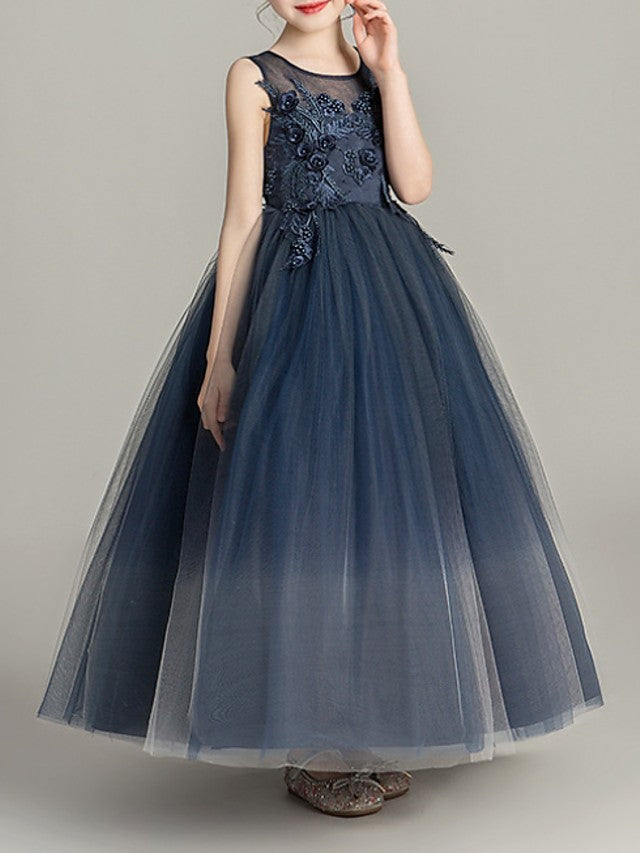 Long Ball Gown Tulle Sleeveless Jewel Neck Pageant Flower Girl Dresses