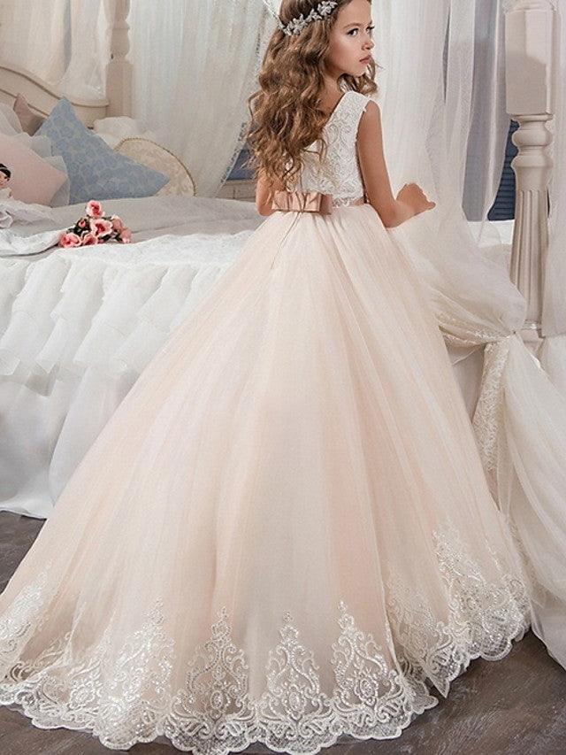 Long Tulle Flower Girl Ball Gown Dress Sleeveless Jewel Neck Wedding Party