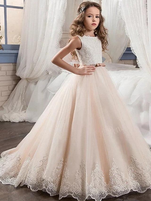 Long Tulle Flower Girl Ball Gown Dress Sleeveless Jewel Neck Wedding Party