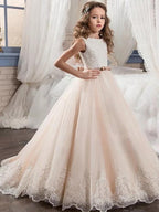 Long Tulle Flower Girl Ball Gown Dress Sleeveless Jewel Neck Wedding Party