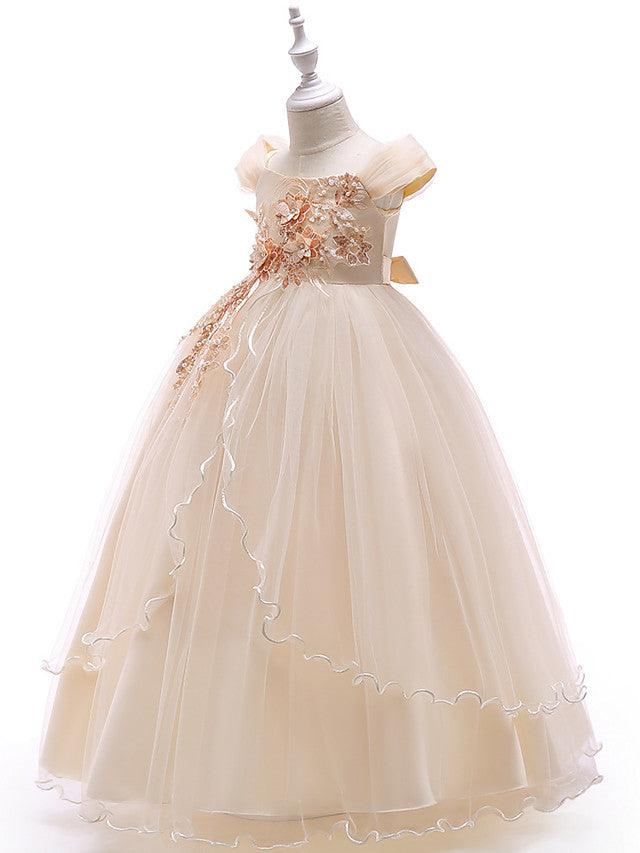 Long Ball Gown Tulle Sleeveless Off the Shoulder Flower Girl Wedding Dress