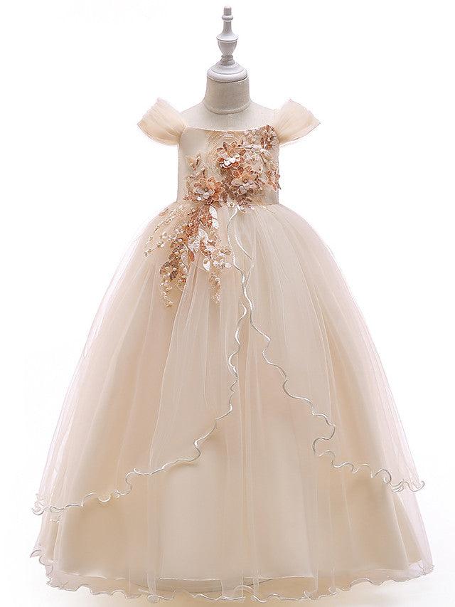 Long Ball Gown Tulle Sleeveless Off the Shoulder Flower Girl Wedding Dress