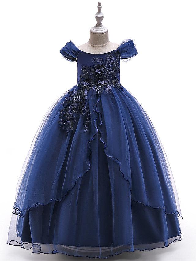 Long Ball Gown Tulle Sleeveless Off the Shoulder Flower Girl Wedding Dress