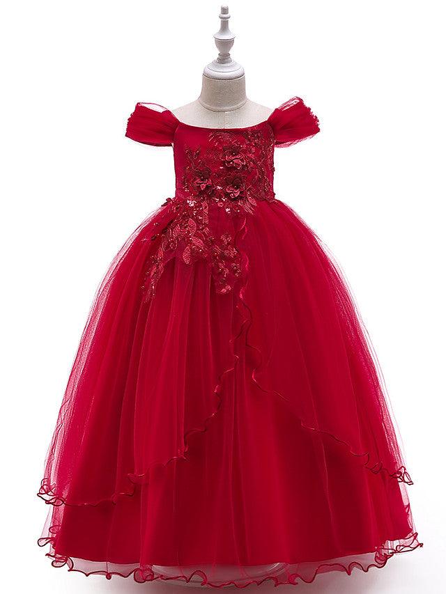 Long Ball Gown Tulle Sleeveless Off the Shoulder Flower Girl Wedding Dress