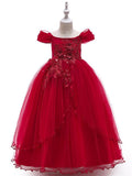 Long Ball Gown Tulle Sleeveless Off the Shoulder Flower Girl Wedding Dress
