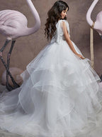 Long V Neck Tulle Ball Gown Sleeveless Floor Length Flower Girl Party Dress