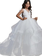 Long V Neck Tulle Ball Gown Sleeveless Floor Length Flower Girl Party Dress