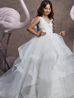 Long V Neck Tulle Ball Gown Sleeveless Floor Length Flower Girl Party Dress