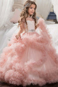 Long Violet Ball Gown Flower Girl Dress With Scoop Neck And Short Sleeves