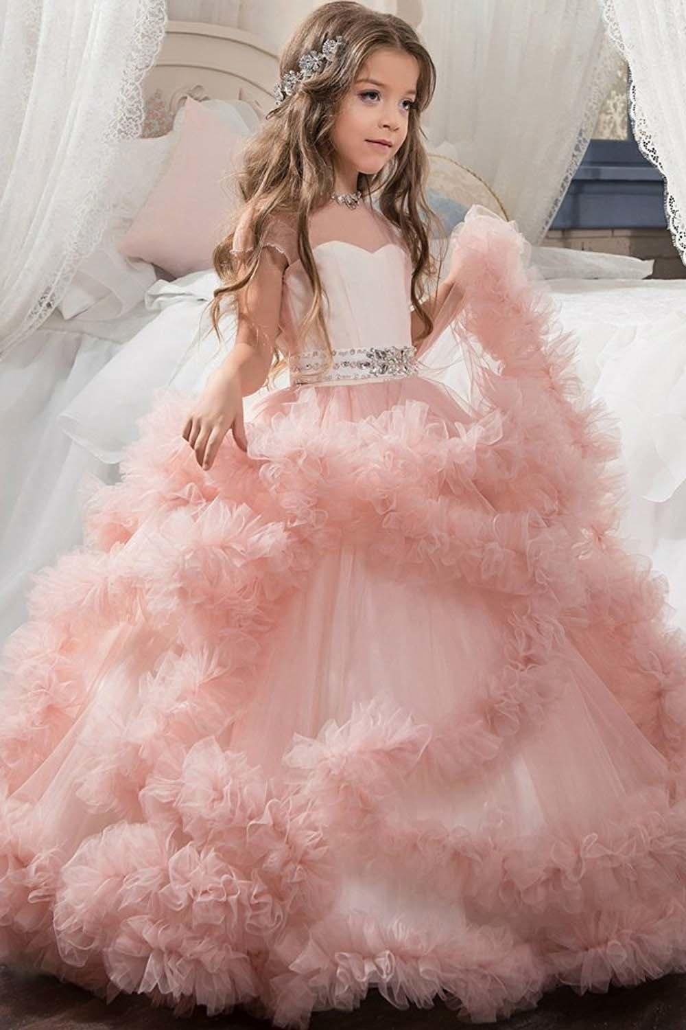 Long Violet Ball Gown Flower Girl Dress With Scoop Neck And Short Sleeves