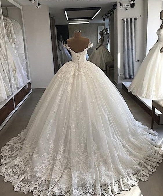 Lange Ballkleider Off-the-Shoulder Spitze Tüll Brautkleider