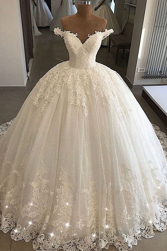 Lange Ballkleider Off-the-Shoulder Spitze Tüll Brautkleider