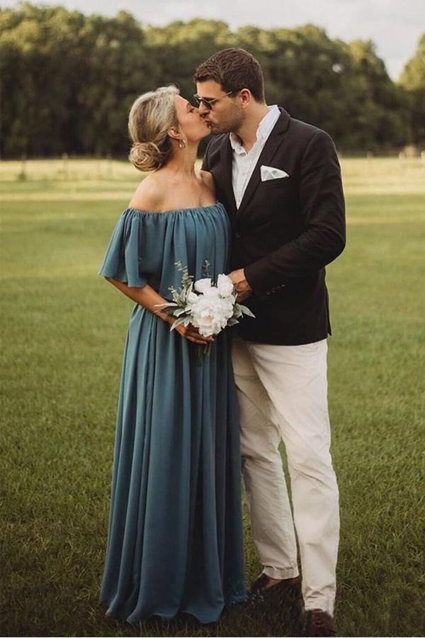 Abiti da damigella d'onore lunghi in chiffon grigio ardesia con spalle scoperte BD077