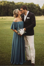 Abiti da damigella d'onore lunghi in chiffon grigio ardesia con spalle scoperte BD077