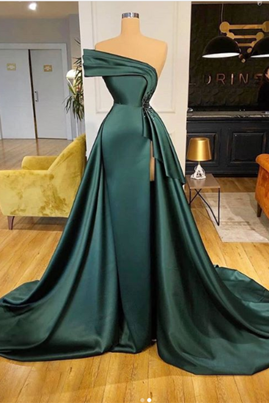 Lange dunkelgrüne Satin-Ballkleider, elegante Abendkleider mit Schlitz