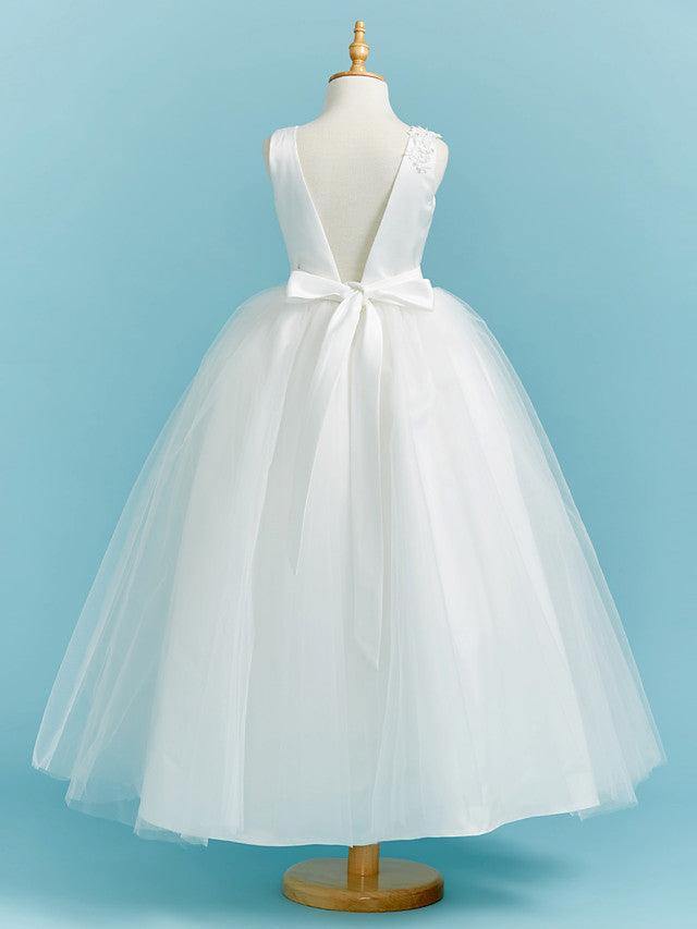 Long Lace Flower Girl Ball Gown Dress With Beading And Tulle