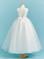 Long Lace Flower Girl Ball Gown Dress With Beading And Tulle