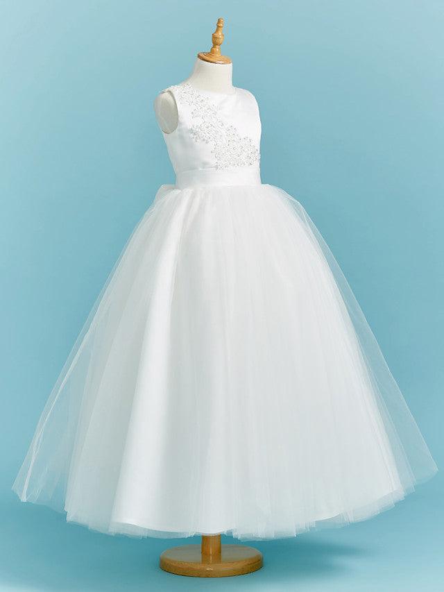 Long Lace Flower Girl Ball Gown Dress With Beading And Tulle