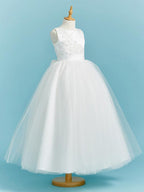 Long Lace Flower Girl Ball Gown Dress With Beading And Tulle