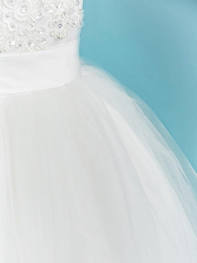 Long Lace Flower Girl Ball Gown Dress With Beading And Tulle