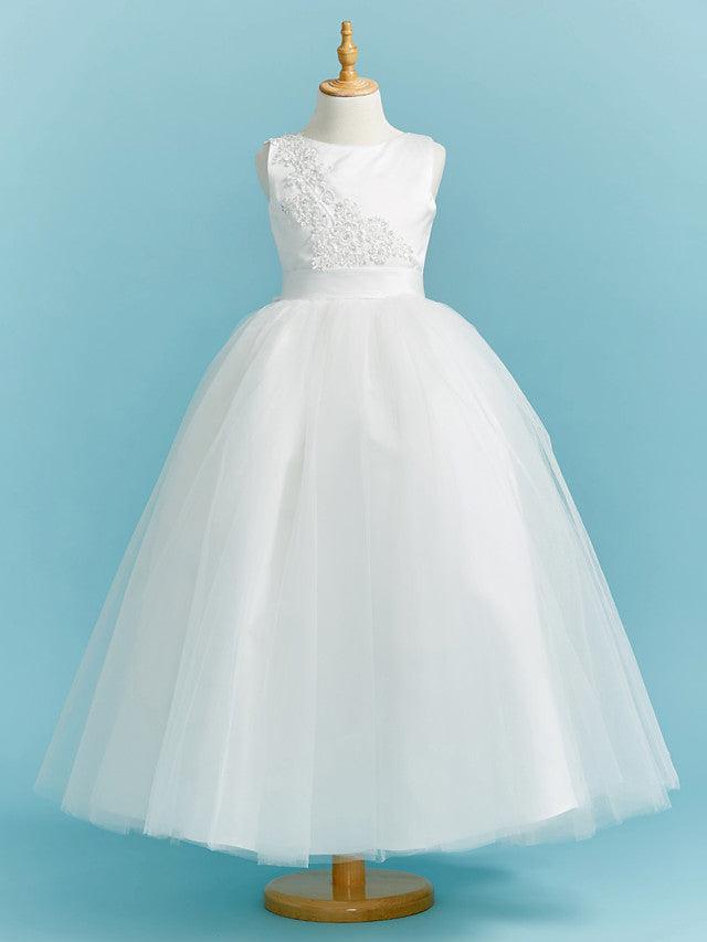 Long Lace Flower Girl Ball Gown Dress With Beading And Tulle