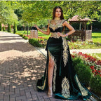 Vestidos de noche largos de sirena verde oscuro con apliques de encaje dorado
