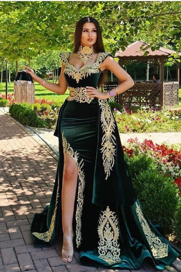 Vestidos de noche largos de sirena verde oscuro con apliques de encaje dorado