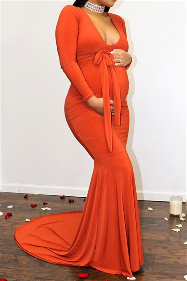 Long Mermaid Deep V-neck Pregnant Formal Evening Dress with Sleeves