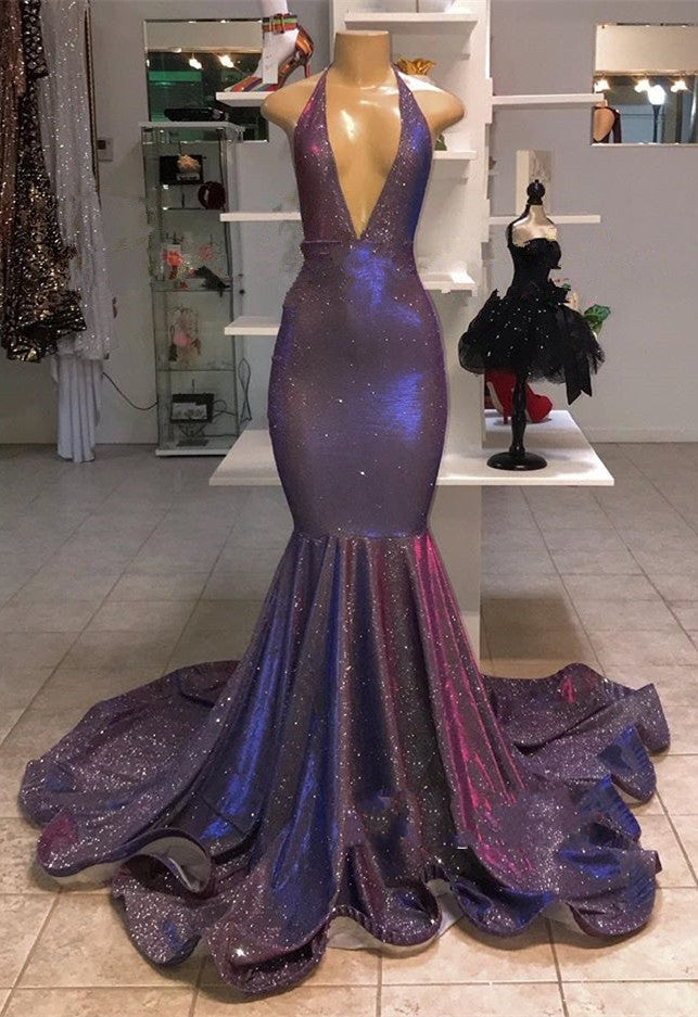 Vestidos de fiesta formales con lentejuelas y escote halter de sirena larga