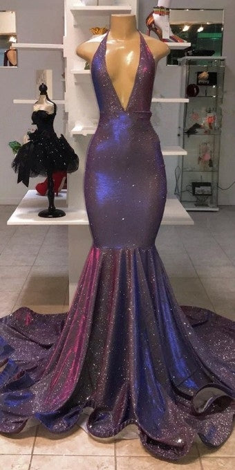 Vestidos de fiesta formales con lentejuelas y escote halter de sirena larga