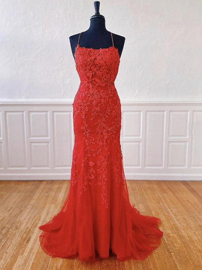Long Mermaid Halter Tulle Lace Open Back Formal Graduation Prom Dresses