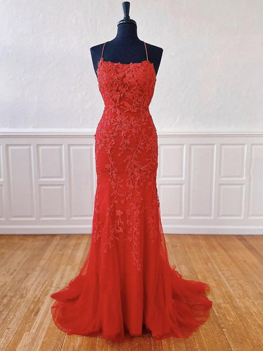 Long Mermaid Halter Tulle Lace Open Back Formal Graduation Prom Dresses