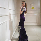 Long Mermaid High Neck Appliques Lace Backless Velvet Prom Dress