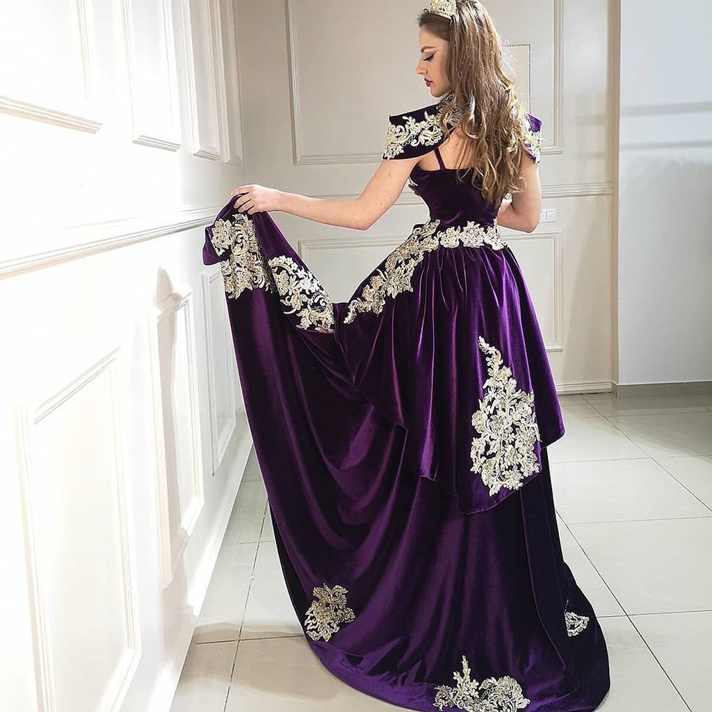 Long Mermaid High Neck Appliques Lace Backless Velvet Prom Dress