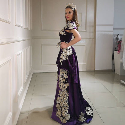 Long Mermaid High Neck Appliques Lace Backless Velvet Prom Dress