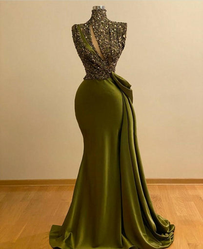 Long Mermaid High Neck Prom Dress Sequins With Ruffle