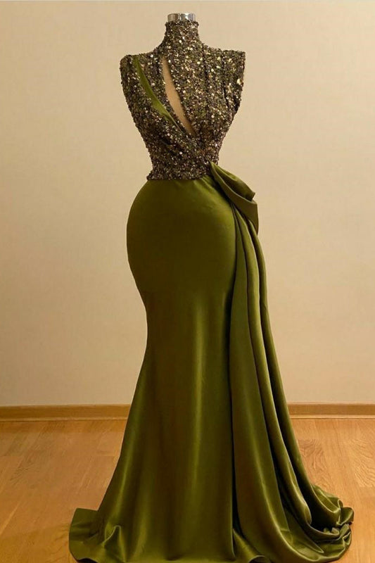 Long Mermaid High Neck Prom Dress Sequins With Ruffle