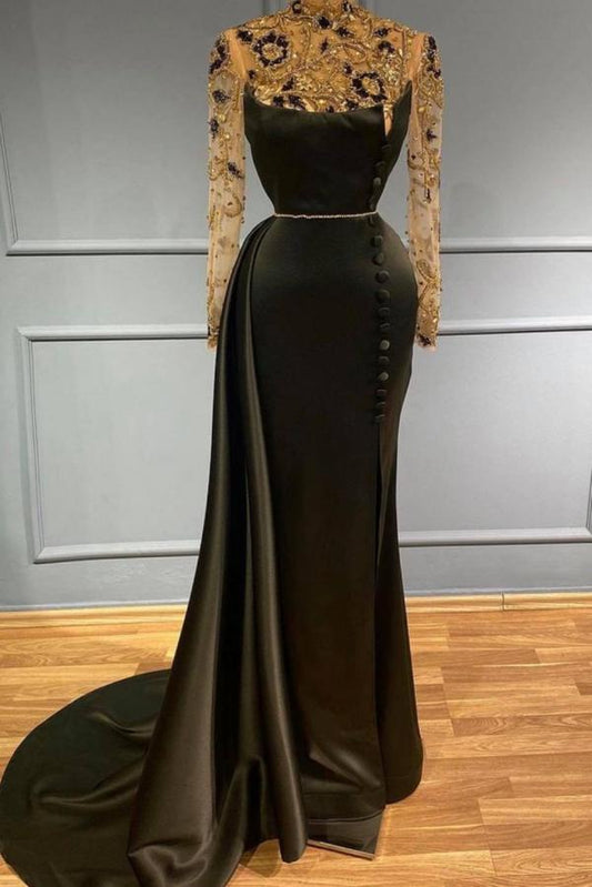 Long Mermaid High Neck Satin Prom Dress with Sleeeves