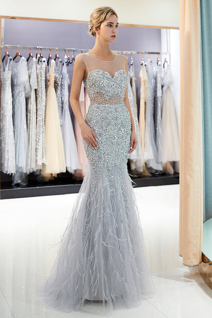 Vestidos de noche largos de tul con cristales y joya de sirena