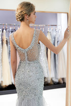 Long Mermaid Jewel Crystal Sqeuined Tulle Evening Dresses